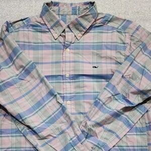 Vineyard Vines Performance Classic Fit Whale Shirt‎ Men Size Medium Pink Blue
